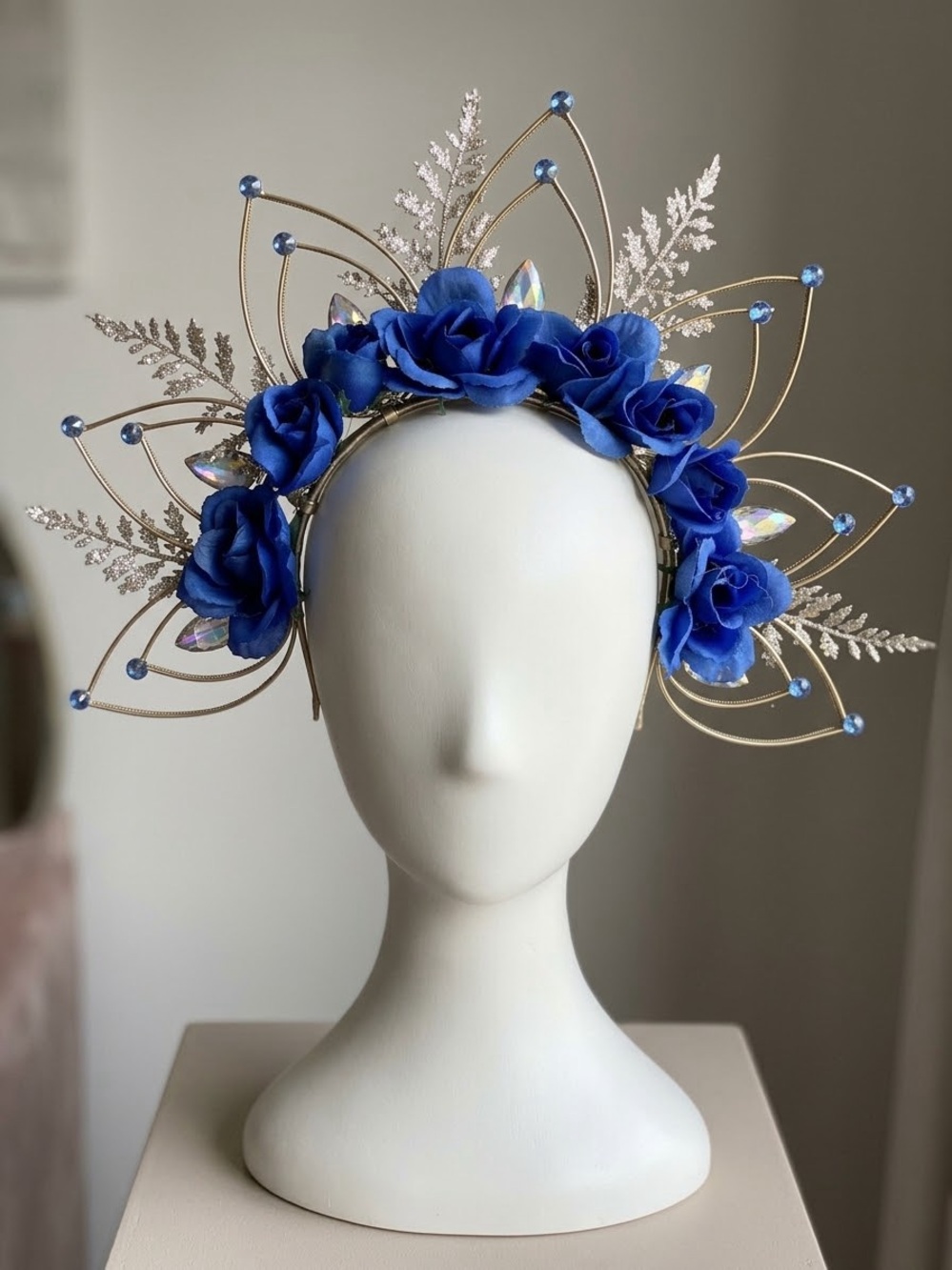 Royal Blue Floral Gold Deity Halo Crown